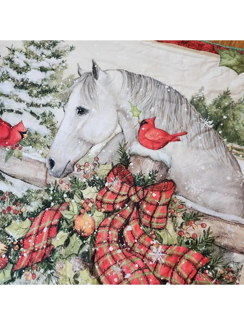 Handmade Holiday White Horse Cardinal Bird Trees Winter Wall Hanging 35x42 Inch